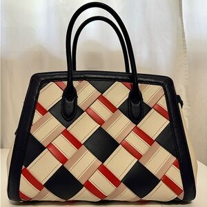 Kate Spade Knott Medium Satchel Woven Leather Blazer Blu White Red. K6549